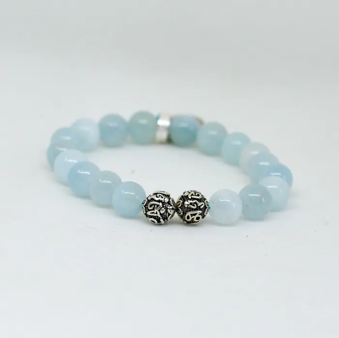 Aquamarine Stone Silver Bead Bracelet 8 MM MF Bracelets