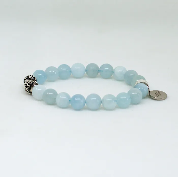 Aquamarine Stone Silver Bead Bracelet 8 MM MF Bracelets