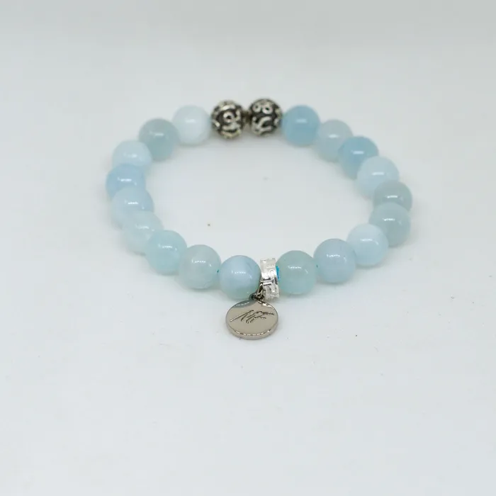 Aquamarine Stone Silver Bead Bracelet 8 MM MF Bracelets