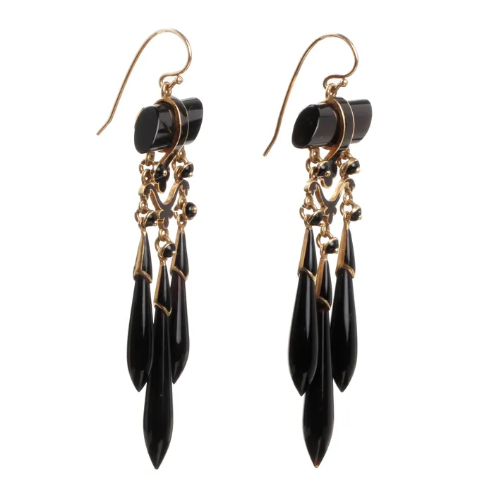 Bell Bird Antiques Earrings 19th Century Onyx and Gold Torpedo Drop Earrings