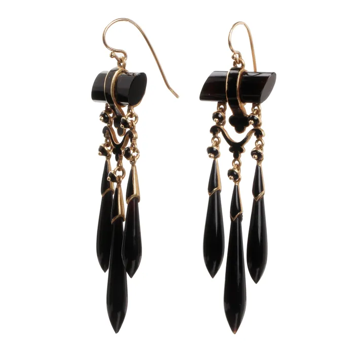 Bell Bird Antiques Earrings 19th Century Onyx and Gold Torpedo Drop Earrings