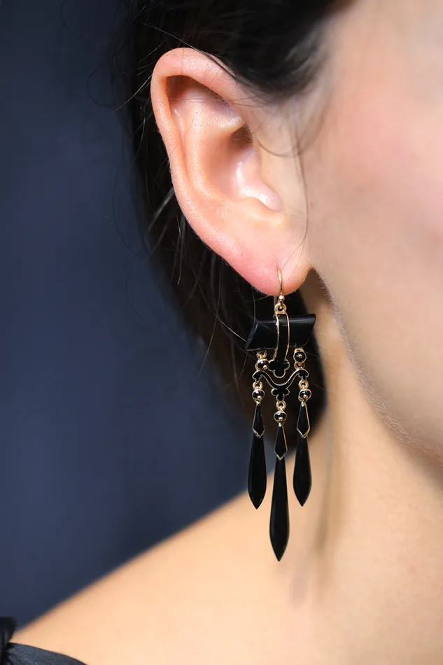 Bell Bird Antiques Earrings 19th Century Onyx and Gold Torpedo Drop Earrings