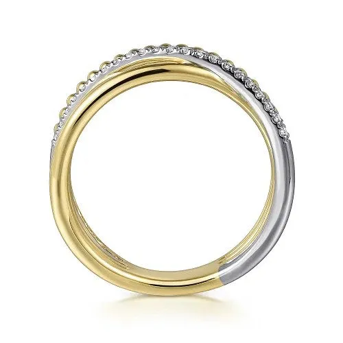 GABRIEL CO Rings 14K White and Yellow Gold Diamond Criss Cross Bujukan Ladies Ring