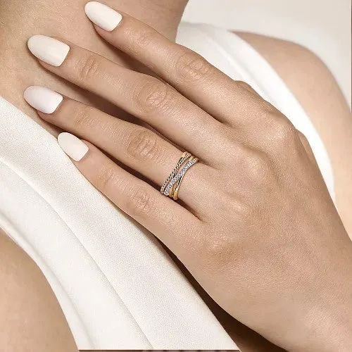 GABRIEL CO Rings 14K White and Yellow Gold Diamond Criss Cross Bujukan Ladies Ring