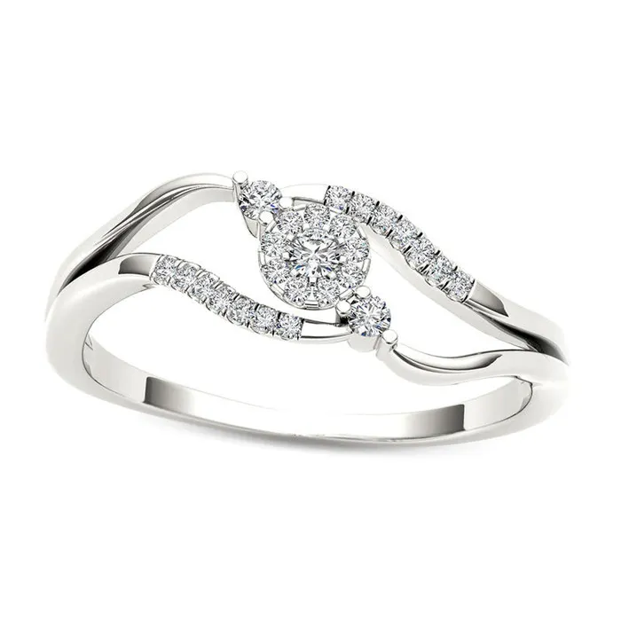 010 CT TW Composite Natural Diamond Flower Bypass Promise Ring in Solid 10K White Gold Goldia Rings