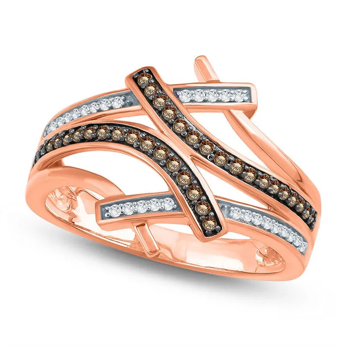 025 CT TW Champagne and White Natural Diamond MultiRow Bypass Ring in Solid 10K Rose Gold Goldia Rings 025 CT TW Champagne and White Natural Diamond MultiRow Bypass Ring in Solid 10K Rose Gold Goldia Rings