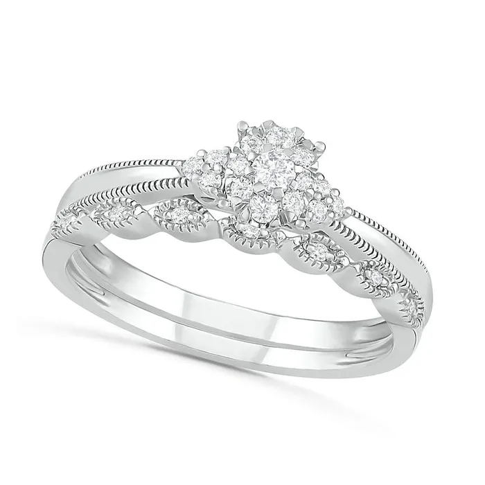 025 CT TW Natural Diamond Antique VintageStyle Scallop Shank Bridal Engagement Ring Set in Sterling Silver Goldia Rings