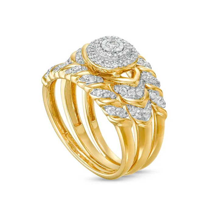 050 CT TW Natural Diamond Double Frame Spiral Three Piece Bridal Engagement Ring Set in Solid 10K Yellow Gold JI3 Goldia Rings