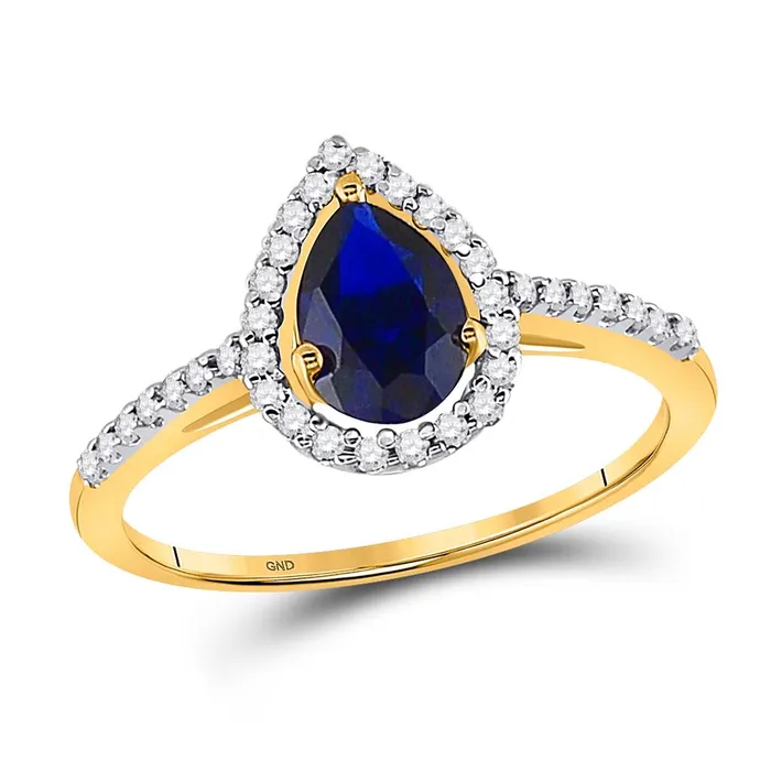 10k Yellow Gold Pear Created Blue Sapphire Teardrop Ring 1 Cttw gndatlanta Rings