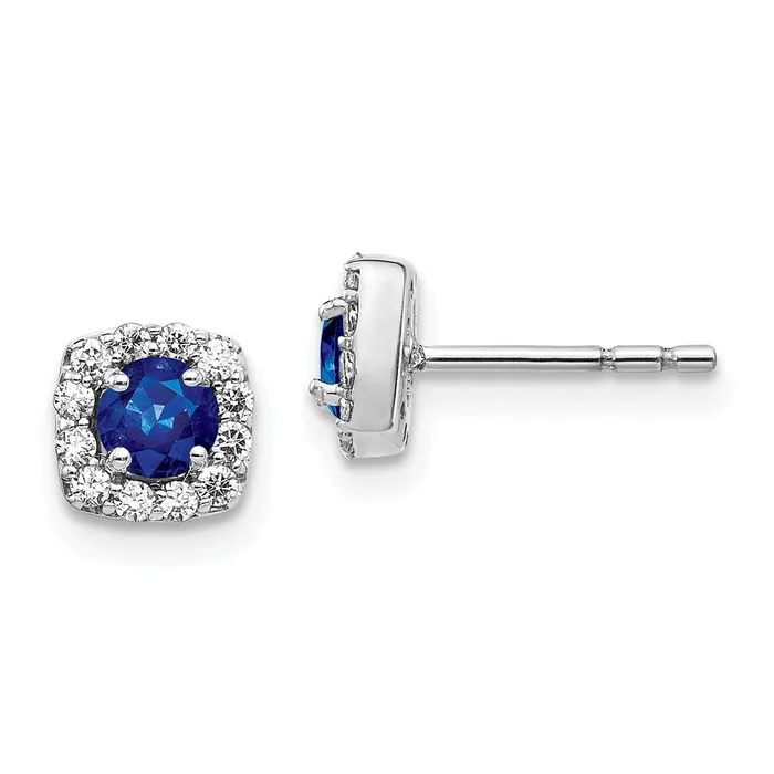 14k White Gold Real Diamond and Sapphire Square Halo Earrings Goldia Earrings