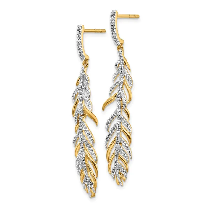 14k Yellow Gold Real Diamond Fancy Feather Earrings Goldia Earrings