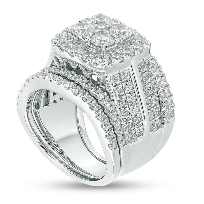 4 CT TW Quad Natural Diamond MultiRow Three Piece Bridal Engagement Ring Set in Solid 14K White Gold Goldia Rings 4 CT TW Quad Natural Diamond MultiRow Three Piece Bridal Engagement Ring Set in Solid 14K White Gold Goldia Rings