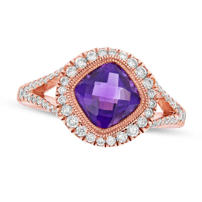 70mm CushionCut Amethyst and 038 CT TW Natural Diamond Frame Split Shank Ring in Solid 14K Rose Gold Goldia Rings 70mm CushionCut Amethyst and 038 CT TW Natural Diamond Frame Split Shank Ring in Solid 14K Rose Gold Goldia Rings