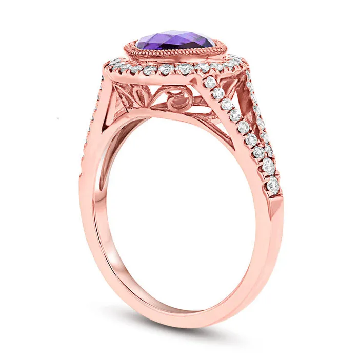 70mm CushionCut Amethyst and 038 CT TW Natural Diamond Frame Split Shank Ring in Solid 14K Rose Gold Goldia Rings 70mm CushionCut Amethyst and 038 CT TW Natural Diamond Frame Split Shank Ring in Solid 14K Rose Gold Goldia Rings