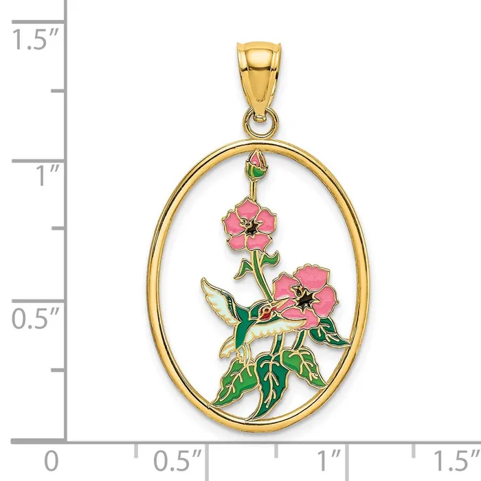Charm Necklaces 14k Yellow Gold w Enamel Hummingbird and Flowers In Oval Frame Charm Goldia