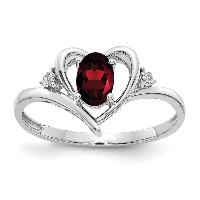 Goldiacom Rings 14k White Gold Garnet and Real Diamond Heart Ring