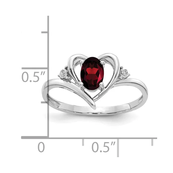 Goldiacom Rings 14k White Gold Garnet and Real Diamond Heart Ring