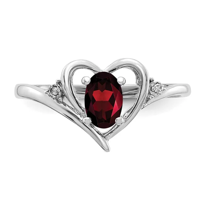 Goldiacom Rings 14k White Gold Garnet and Real Diamond Heart Ring