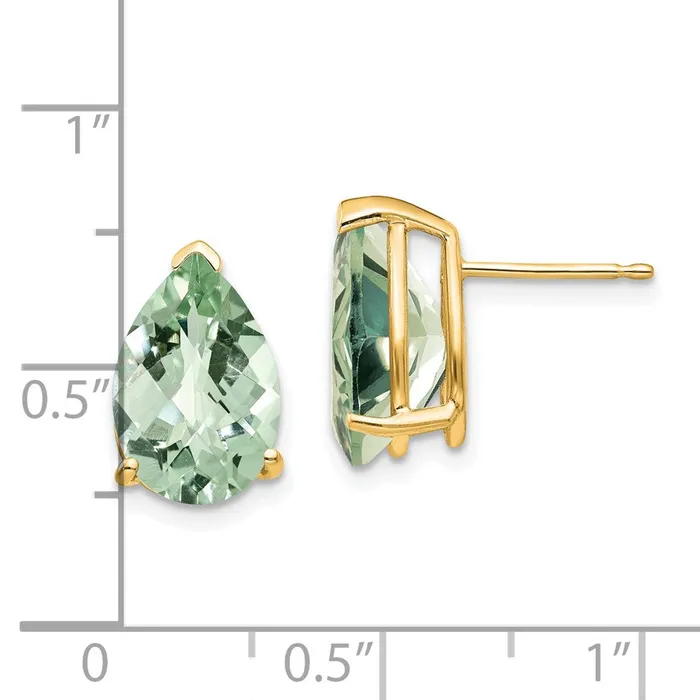 Goldia Earrings 14k Yellow Gold 12x8 Pear CheckerCut Green Quartz Earrings