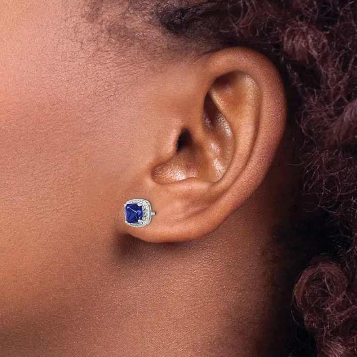 Goldia Earrings Solid 14k White Gold Cushion Simulated Sapphire and CZ Halo Earrings