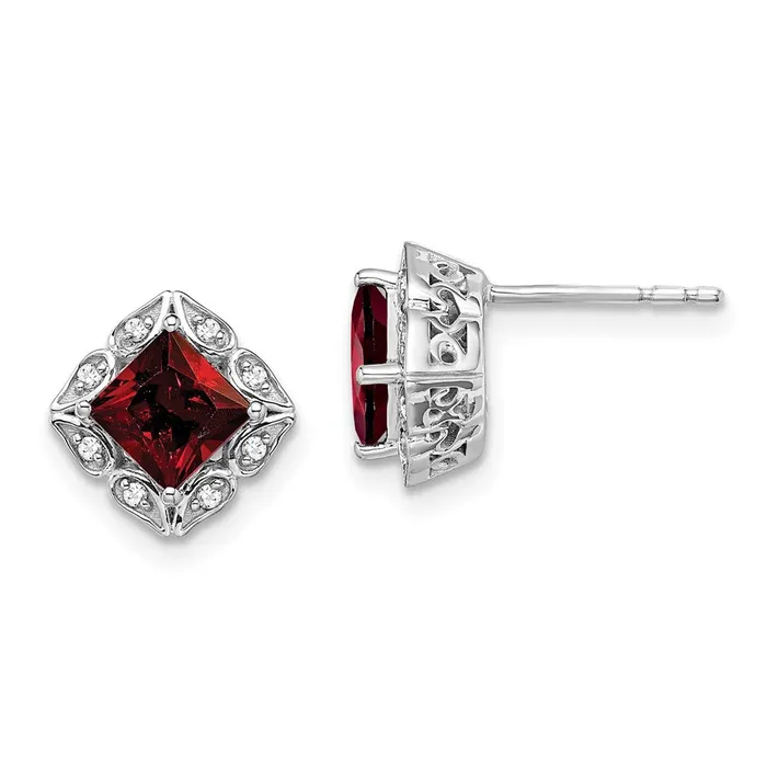 Goldia Earrings Solid 14k White Gold Square Simulated Garnet and CZ Earrings Goldia Earrings Solid 14k White Gold Square Simulated Garnet and CZ Earrings