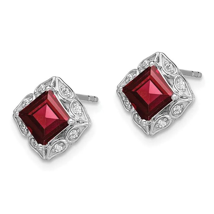 Goldia Earrings Solid 14k White Gold Square Simulated Garnet and CZ Earrings