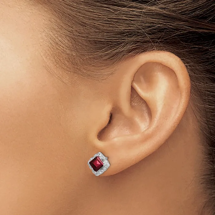 Goldia Earrings Solid 14k White Gold Square Simulated Garnet and CZ Earrings