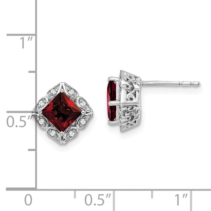 Goldia Earrings Solid 14k White Gold Square Simulated Garnet and CZ Earrings