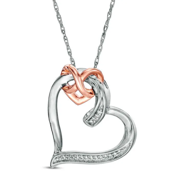 Goldia Necklaces 005 CT TW Natural Diamond Interlocking Infinity Tilted Heart Pendant in Sterling Silver and 10K Rose Gold
