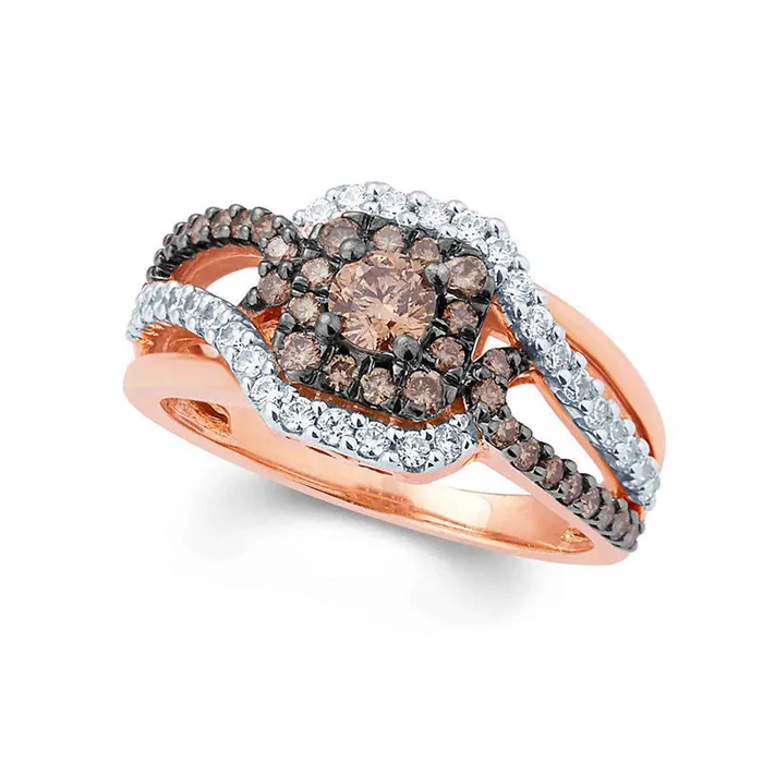 Goldia Rings 10 CT TW Champagne and White Natural Diamond Square Frame Swirl Bypass Ring in Solid 10K Rose Gold Goldia Rings 10 CT TW Champagne and White Natural Diamond Square Frame Swirl Bypass Ring in Solid 10K Rose Gold