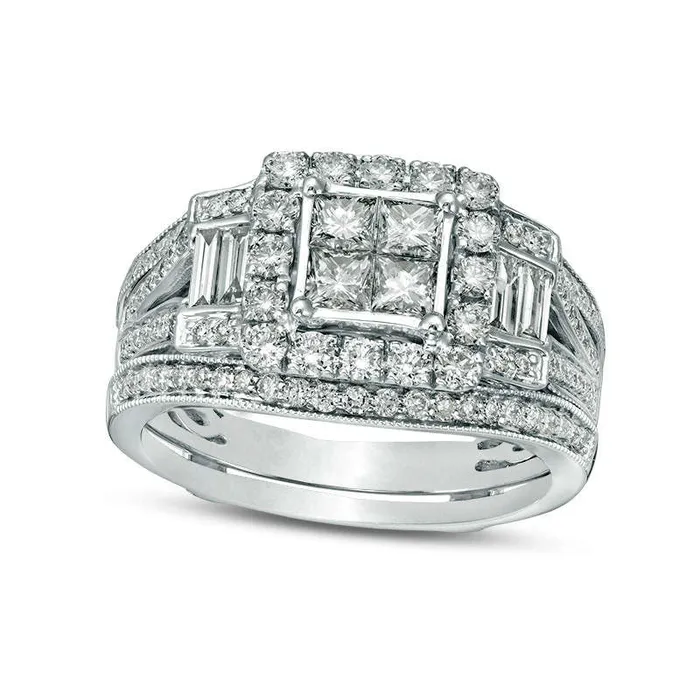 Goldia Rings 15 CT TW Quad PrincessCut Natural Diamond Frame Antique VintageStyle Collar Bridal Engagement Ring Set in Solid 10K White Gold