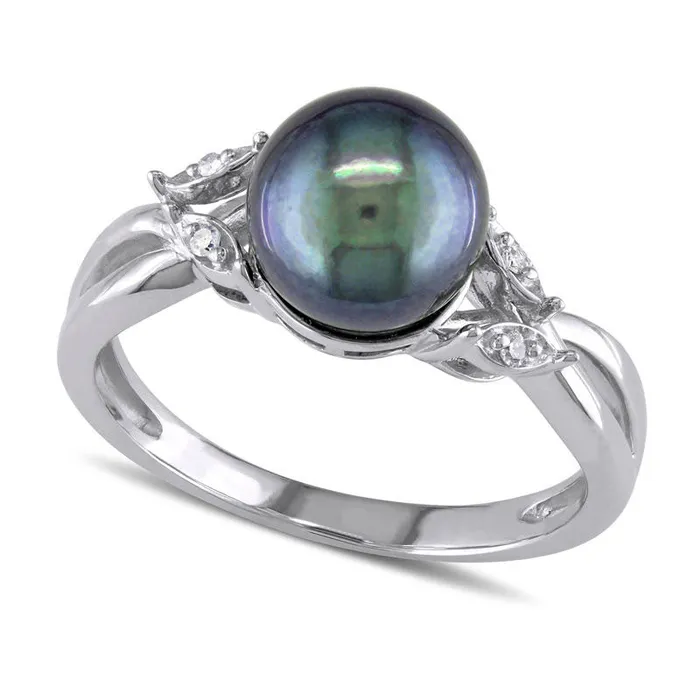 Goldia Rings 75 80mm Dyed Black Cultured Freshwater Pearl and Natural Diamond Accent Leaf Crossover Shank Ring in Solid 10K White Gold Goldia Rings 75 80mm Dyed Black Cultured Freshwater Pearl and Natural Diamond Accent Leaf Crossover Shank Ring in Solid 10K White Gold