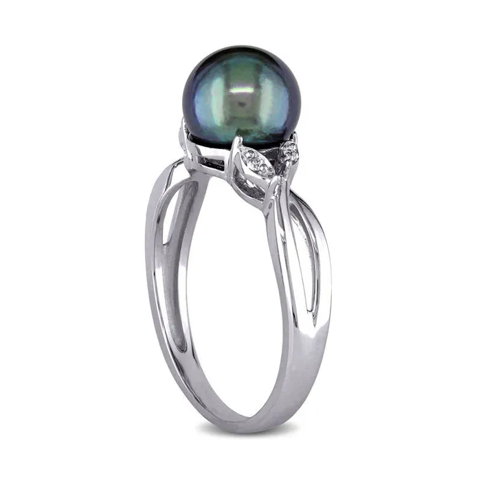 Goldia Rings 75 80mm Dyed Black Cultured Freshwater Pearl and Natural Diamond Accent Leaf Crossover Shank Ring in Solid 10K White Gold Goldia Rings 75 80mm Dyed Black Cultured Freshwater Pearl and Natural Diamond Accent Leaf Crossover Shank Ring in Solid 10K White Gold