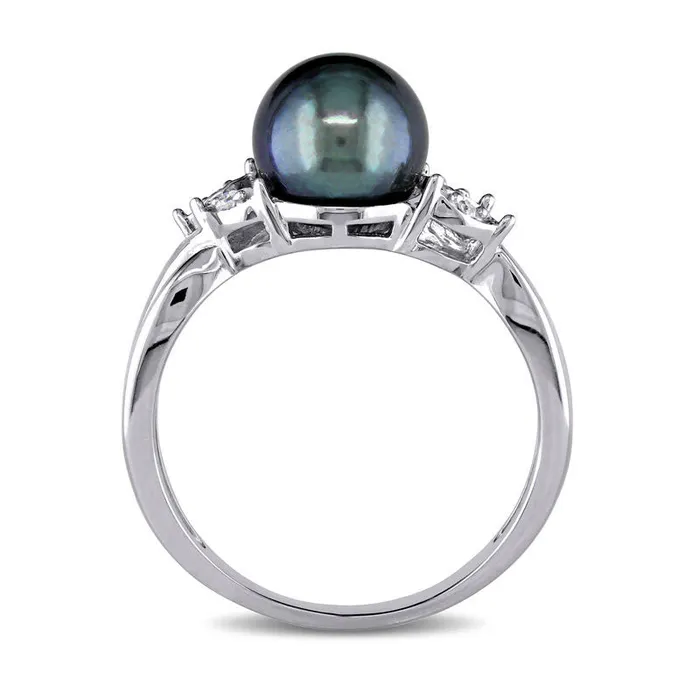 Goldia Rings 75 80mm Dyed Black Cultured Freshwater Pearl and Natural Diamond Accent Leaf Crossover Shank Ring in Solid 10K White Gold Goldia Rings 75 80mm Dyed Black Cultured Freshwater Pearl and Natural Diamond Accent Leaf Crossover Shank Ring in Solid 10K White Gold