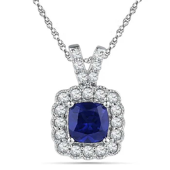 Goldia Rings 80mm CushionCut LabCreated Blue and White Sapphire Frame Pendant in Sterling Silver