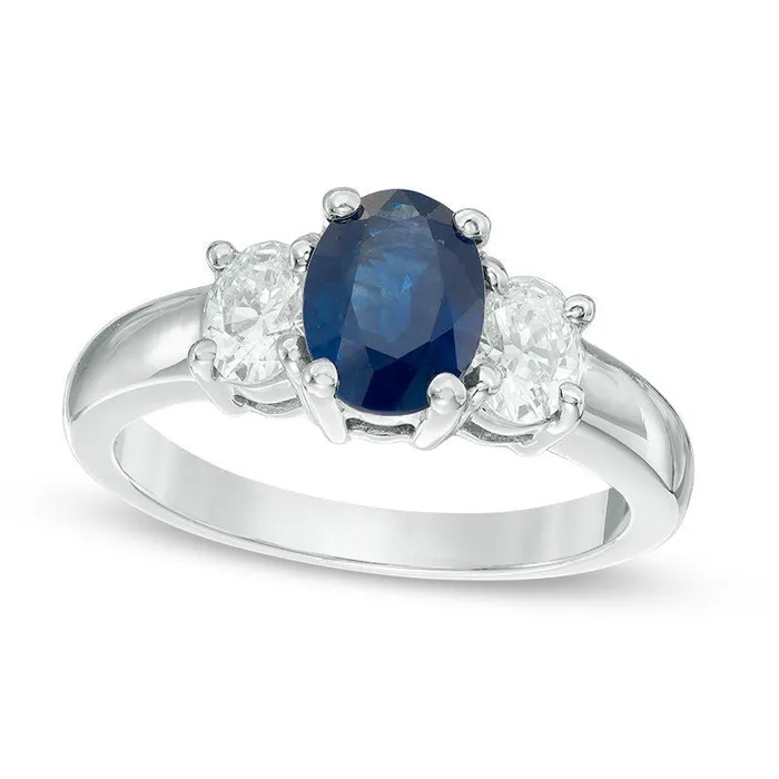 Goldia Rings Oval Blue Sapphire and 063 CT TW Oval Natural Diamond Three Stone Ring in Solid 14K White Gold Goldia Rings Oval Blue Sapphire and 063 CT TW Oval Natural Diamond Three Stone Ring in Solid 14K White Gold