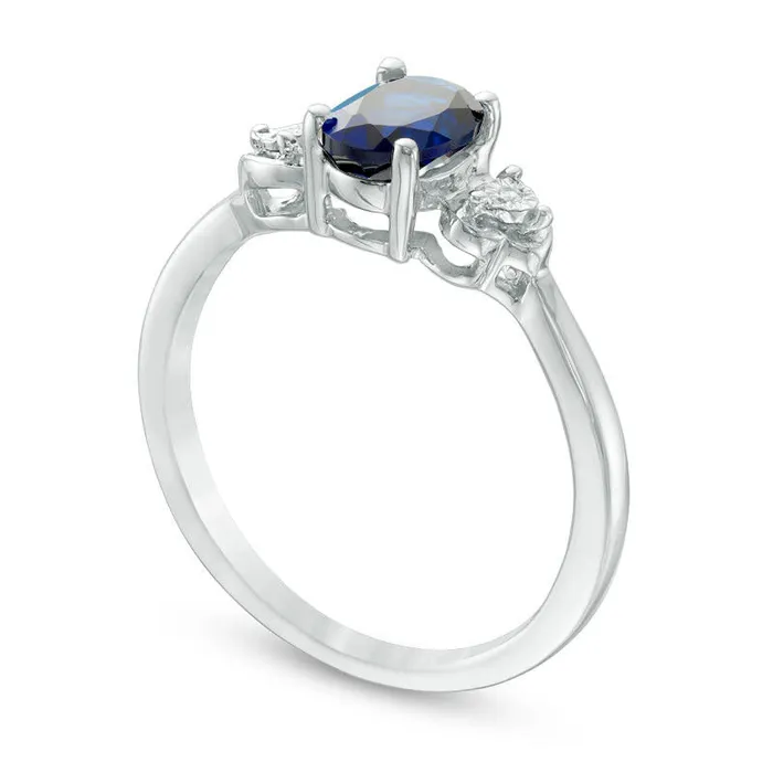 Goldia Rings Oval LabCreated Blue Sapphire and Diamond Accent Heart Sides Ring in Sterling Silver