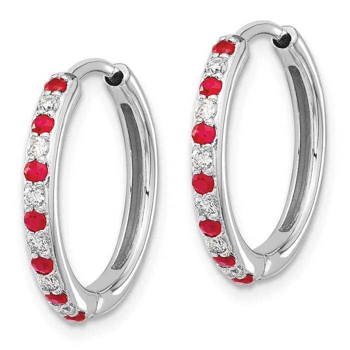 Goldia Solid 14k White Gold Simulated CZ and Ruby Hinged Hoop Earrings Earrings