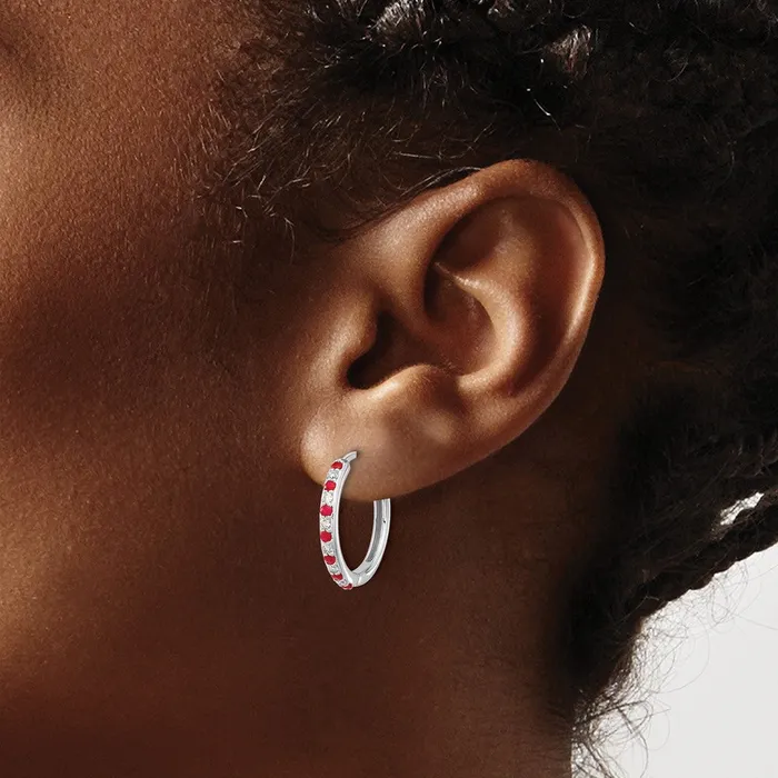 Goldia Solid 14k White Gold Simulated CZ and Ruby Hinged Hoop Earrings Earrings