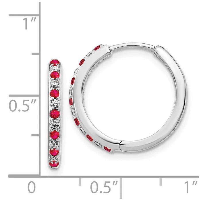 Goldia Solid 14k White Gold Simulated CZ and Ruby Hinged Hoop Earrings Earrings