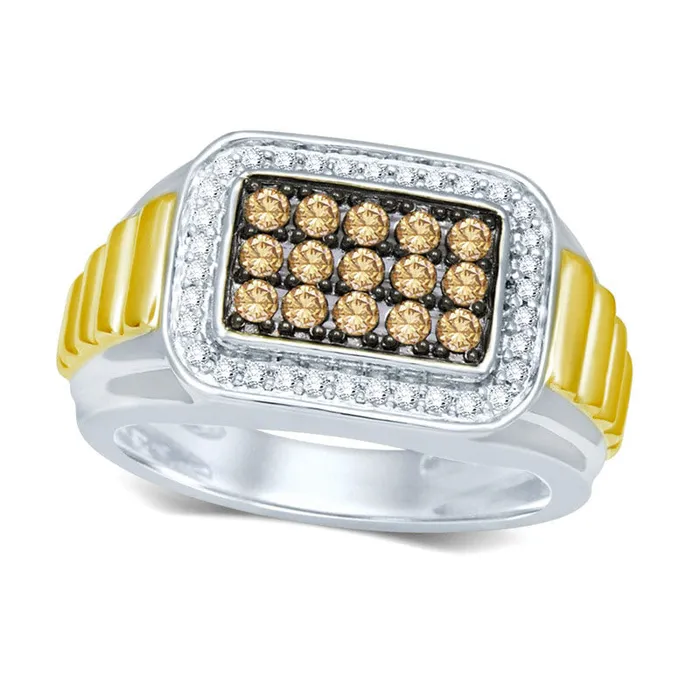 Mens 075 CT TW Enhanced Champagne and White Natural Diamond Rectangular Ring in Sterling Silver and Solid 14K Gold Vermeil Goldia Rings Mens 075 CT TW Enhanced Champagne and White Natural Diamond Rectangular Ring in Sterling Silver and Solid 14K Gold Vermeil Goldia Rings