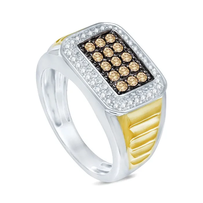 Mens 075 CT TW Enhanced Champagne and White Natural Diamond Rectangular Ring in Sterling Silver and Solid 14K Gold Vermeil Goldia Rings Mens 075 CT TW Enhanced Champagne and White Natural Diamond Rectangular Ring in Sterling Silver and Solid 14K Gold Vermeil Goldia Rings