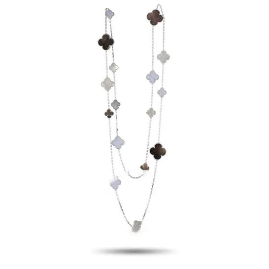 Necklaces JMS always Original PreOwned Van Cleef Arpels Magic Alhambra 18K White Gold Mother of Pearl and Chalcedony 16 Motif Necklace VC34 031524
