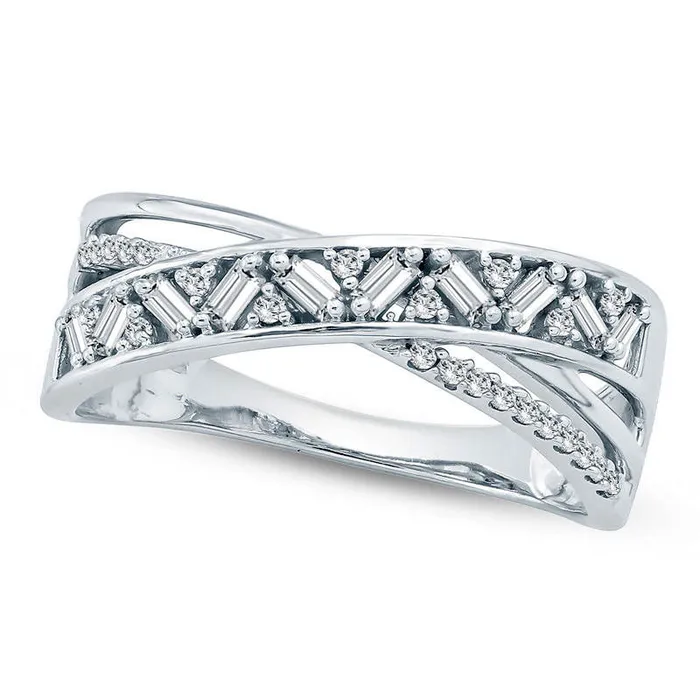 Rings Goldia 025 CT TW Baguette and Round Natural Diamond Crossover Ring in Solid 10K White Gold Rings Goldia 025 CT TW Baguette and Round Natural Diamond Crossover Ring in Solid 10K White Gold