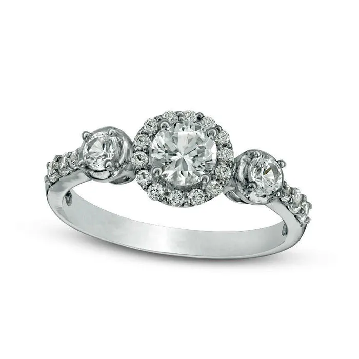 Rings LabCreated White Sapphire Three Stone Frame Engagement Ring in Sterling Silver Goldia