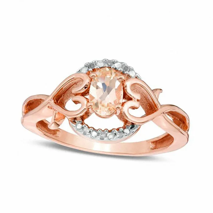 Rings Oval Morganite and Natural Diamond Accent Twisting Heart Sides Ring in Solid 10K Rose Gold Goldia Rings Oval Morganite and Natural Diamond Accent Twisting Heart Sides Ring in Solid 10K Rose Gold Goldia