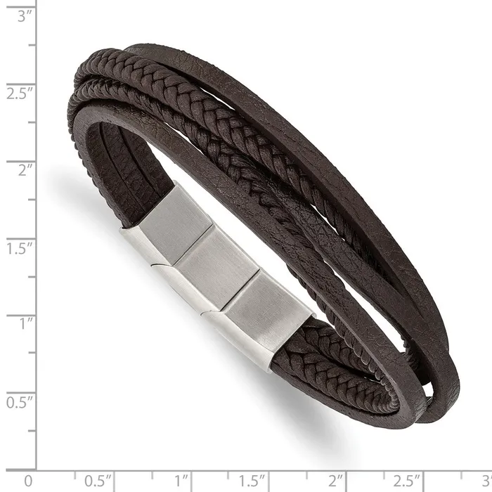 Bracelets TreasureFineJewelers Chisel Stainless Steel Polished Multi Strand Brown PU Leather 8 inch Bracelet with 5 inch Extension