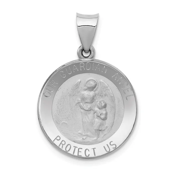 Necklaces TreasureFineJewelers 14K White Gold Our Guardian Angel Medal Hollow Pendant
