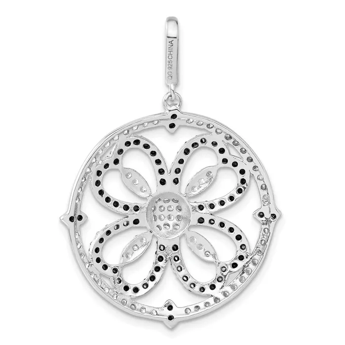 Necklaces TreasureFineJewelers Sterling Silver Black and White CZ Clover Circle Pendant