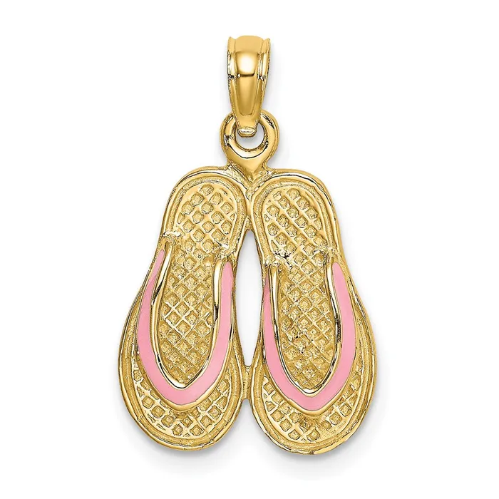 TreasureFineJewelers Charm Necklaces 14k 3D W Pink Enamel Double FlipFlop Charm